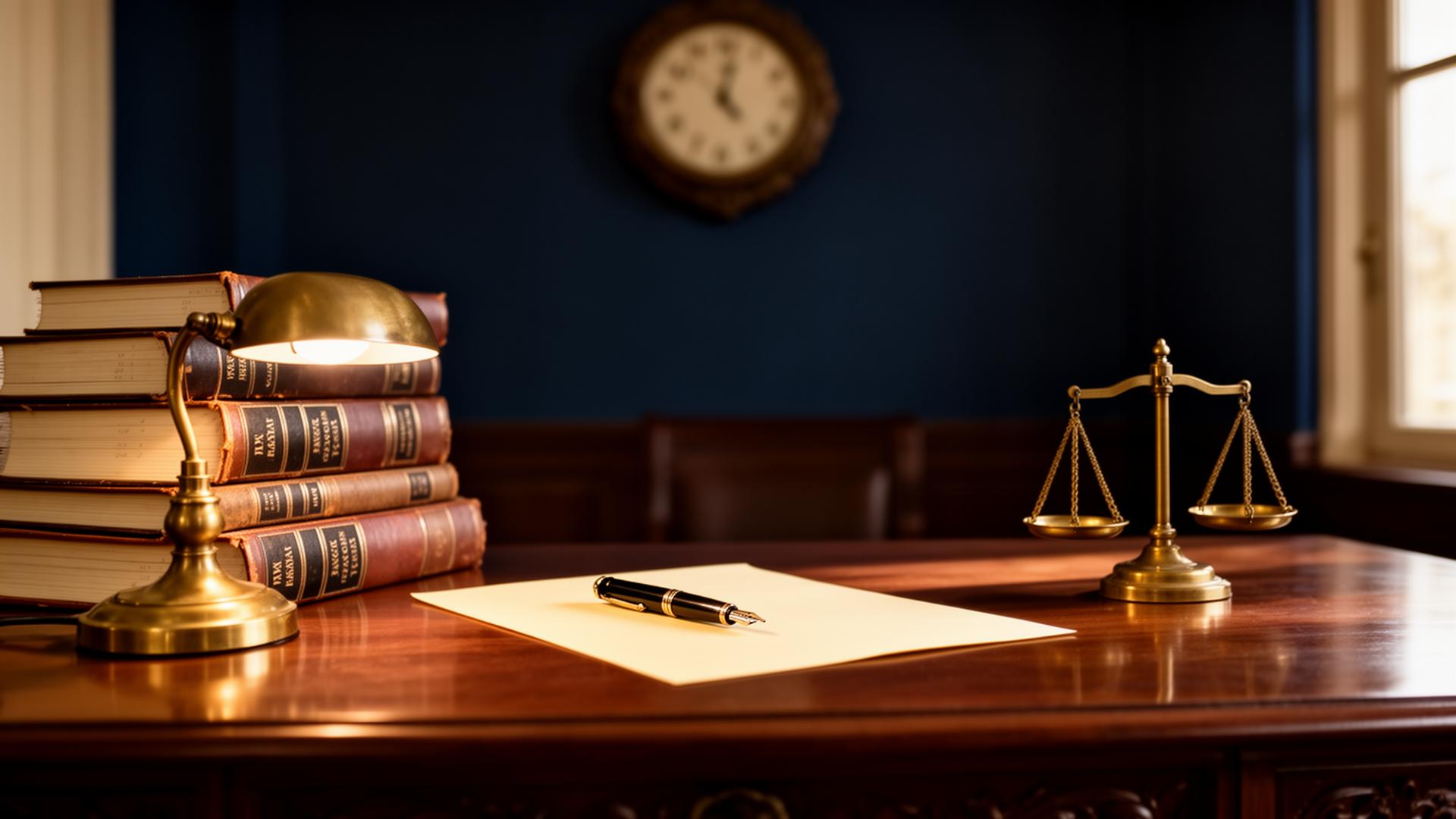 The chamber at Patoary & Associates — ledgers, brass lamp and fountain pen on a mahogany desk